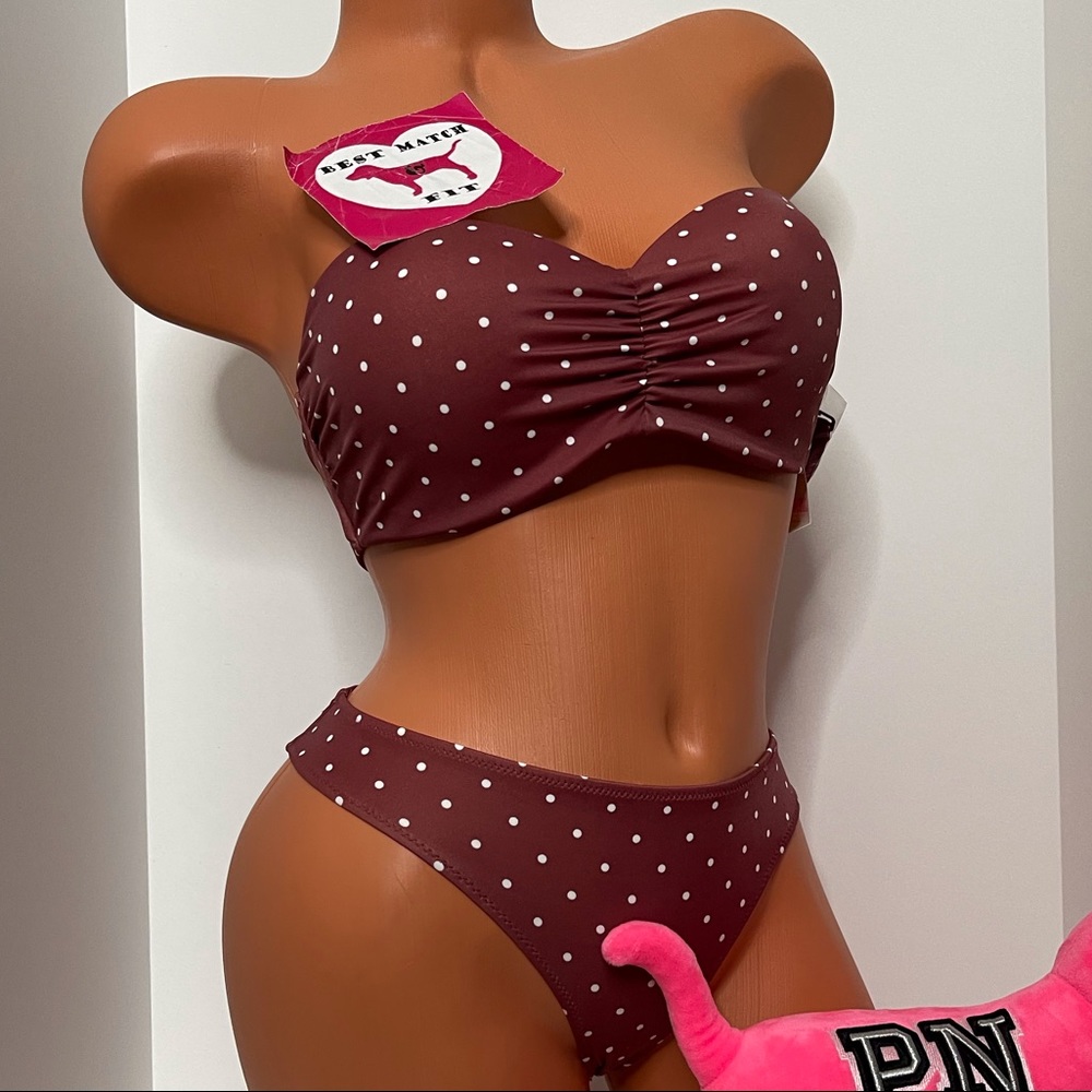 Victoria’s Secret PINK 2 PC S M Bathing Suit Set Strapless Polka Dot Strappy
